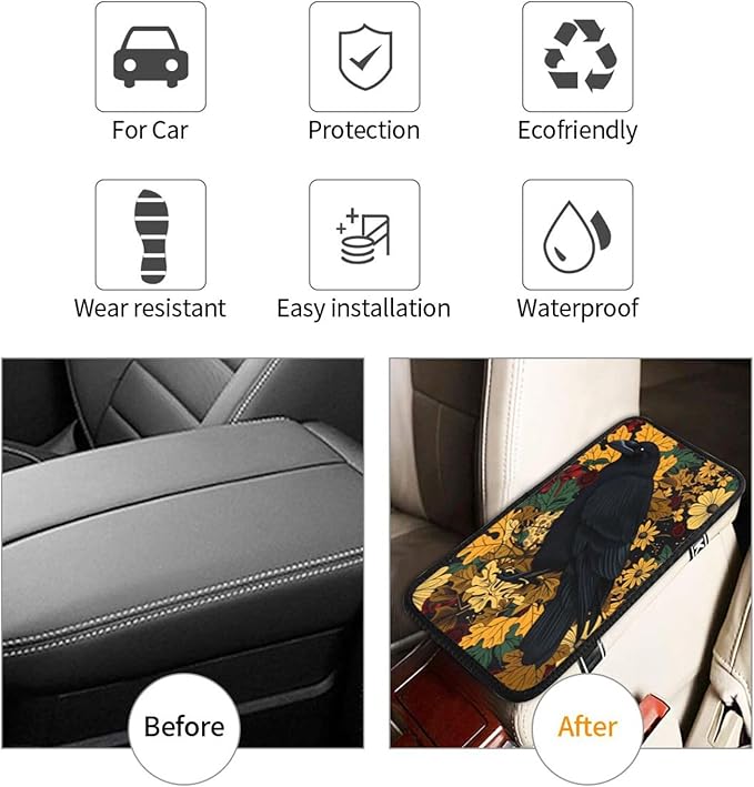 Gothic Raven Vintage Floral Black Crow Car Handrail Box Cushion Armrest Cover Auto Center Console Pad Car Decor 12.6X7.5 in