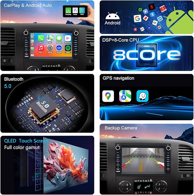 4G LTE QLED Radio for Chevy Silverado GMC Sierra Yukon 2007-2013,Touch Screen 8core Stereo Upgrade,Wireless carplay & Android Auto,Fast Charge,Free Backup Camera