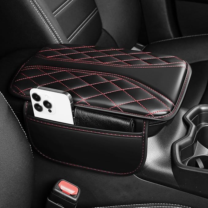 Center Console Cover Fit for Highlander Scratch & Wear Resistant Waterproof Middle Console Cover with 2 Storage Bags(Black&Redline)