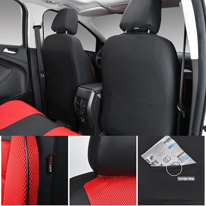 CAR PASS Leather 3D Foam Back Support Car Seat Covers Full Set Air Mesh Automotive Seat Covers, All Season Car Seat Cover Fit Automotive,SUV,Sedan,Van, Airbag Compatible Elegance (Black and Red)