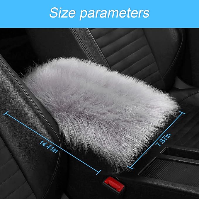 Furry Auto Center Console Cover Pad, 11.8"x7.8" Soft Sheepskin Wool Armrest Cushion, Fluffy Vehicle Armrest Seat Box Protector Warm in Winter, Car Interior Accessories for Women and Men (Gray)