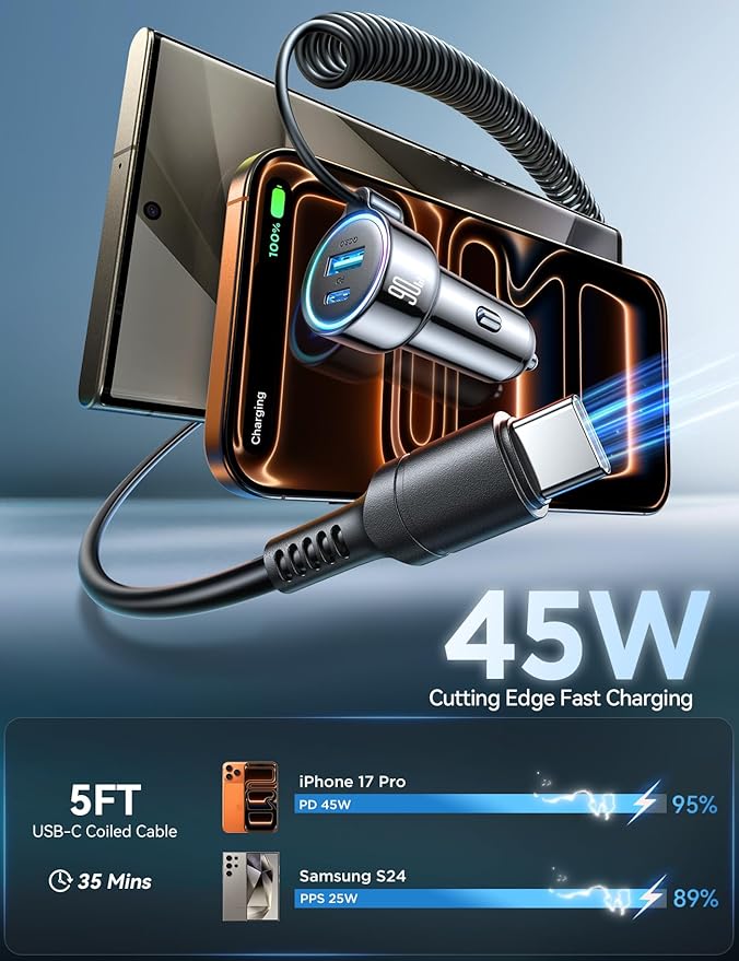 90W Car Charger USB C for iPhone 17/16 Pro Max, PD&QC3.0 w/6.65ft 45W Type Coiled Cable, Fast Car Phone Charger Adapter for iPhone 17Air/15 Pro, Samsung Galaxy S25/S24/S23, Pixel 10/LG/Android, iPad