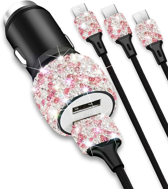 Bling USB Car Charger 5V 2.4A Mix Crystal Decor Dual Port Fast Adapter with 4ft Nylon Type C Micro USB 3 in 1 Multi Charging Cable for iPhone iPad Android, Auto Interior Accessories for Women