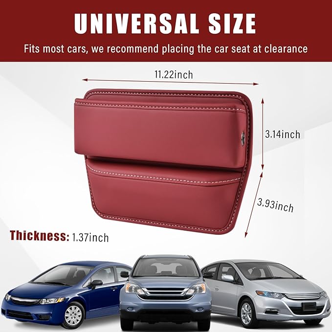 Ziciner Car Seat Gap Organizer, Premium Leather Auto Seat Storage Box, Vehicle Adjustable Front Seat Gap Filler, Car Seat Side Pocket Organizer for Phones, Glasses, Keys, Money, Cards (Red)