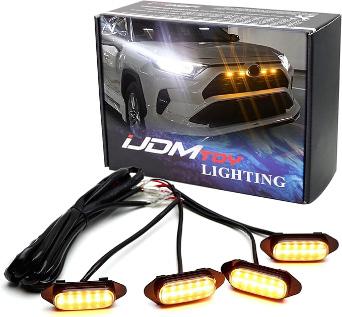 iJDMTOY Smoked Lens Front Grille TRD Style Amber Yellow LED Grill Lighting Kit Compatible with Toyota 2019-2025 RAV4, Includes (4) 12-SMD Smoke Cover LED Grille Lights & Wiring Harness