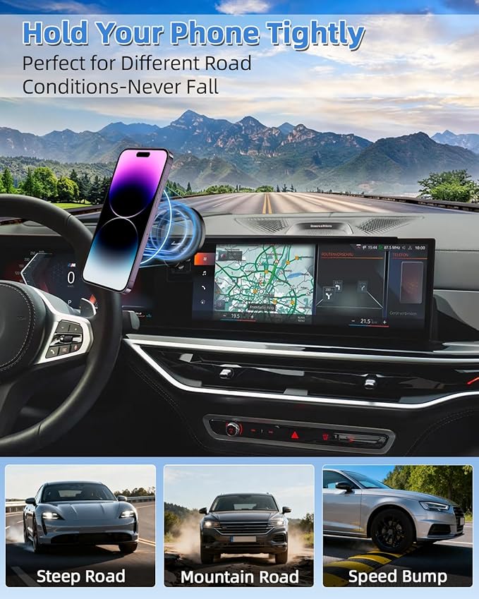 PZK Car Phone Mount for BMW X5 X6 2024 2025 2026 & BMW X7 2023-2026 Accessories Custom 14.9-inch Screen 360° Rotation Compatible with MagSafe Car Phone Holder with Storage Box Not Affect Air Vent