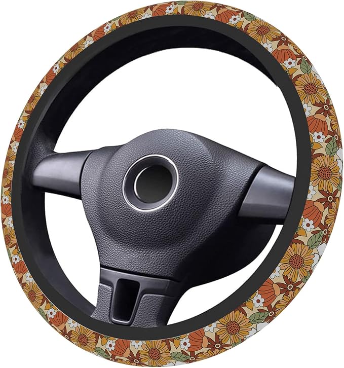 Car Steering Wheel Cover for Women Men, Non-Slip Retro Sunflower Floral Steering Wheel Protector, Universal 14"-15" Fit for Cars, SUVs, Trucks (Retro Sunflower Floral)