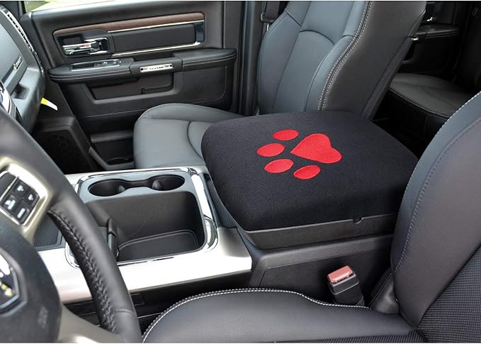 Center Console Armrest Pad Cover for Dodge Ram 1500 2500 3500 4500 5500 Pickup Truck 1993-2023 Black Soft Car Armrest Seat Box Protector Cushion Interior Accessories All Weather (Red Dog Paw)