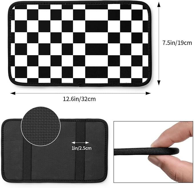 Car Armrest Cover Auto Center Console Pad Arm Rest Cushion Soft Car Accessories Universal for Most Vehicle (Checkerboard-Black & White Pattern Design)