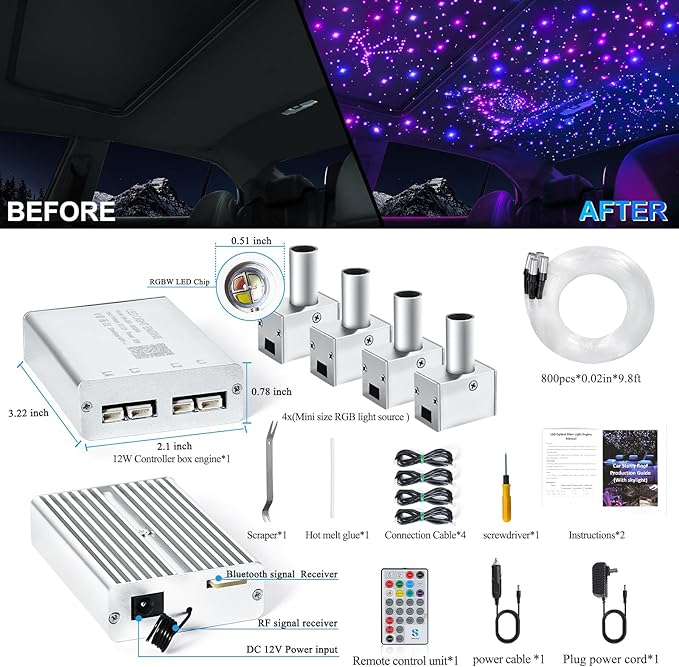Split 4 Colors 12W Car Starlight Headliner Kit 800pcs*0.02in*9.8ft with APP&RF Remote,RGBW Fiber Optic Strands Star Roof Lights,4 Port Engine Sound Activated Star Ceiling Lights for Car/Home Decor