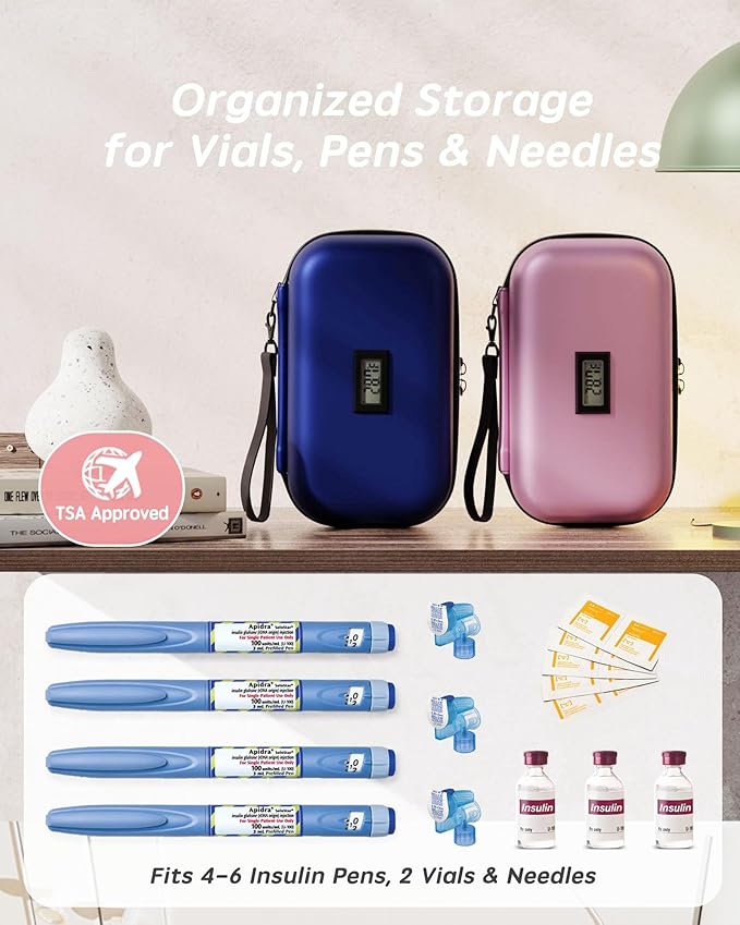 Insulin Cooler Travel Case with Temp Display, 2 x 180g TSA Approved Ice Packs, 9-Layer Insulation for Improved Cooling, Insulin Pen Case, Waterproof, for Daily Use and Trips (Pink)