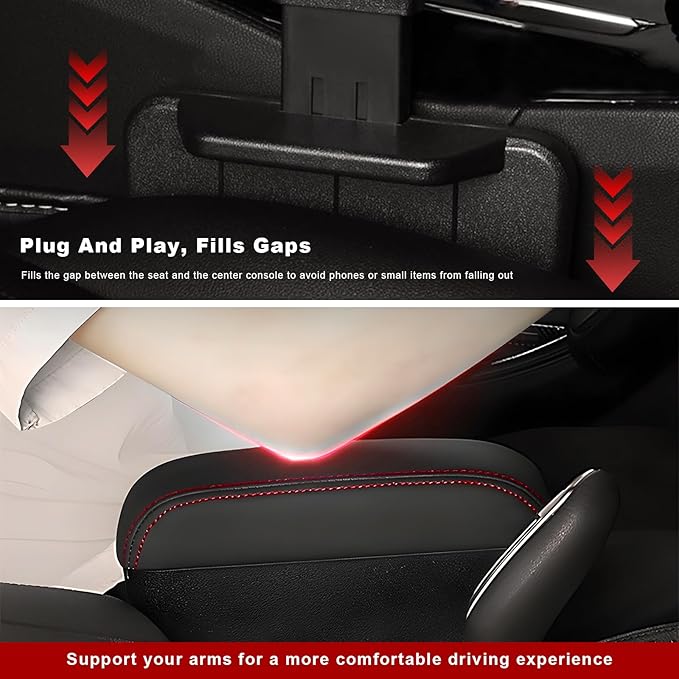 Car Armrest Storage Box with Cup Holder, Adjustable Leather Auto Seat Gap Filler Armrest Extender Pad, Liftable Forearm Wrist Support Center Console Storage Case for SUV Truck (Black & Red)