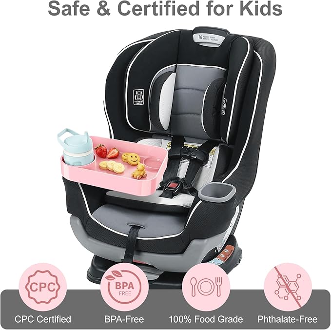 Car Seat Snack Tray for Toddlers - 3 Inch Cup Holder Fits Most Sippy Cups & Straw Bottles with Dip Well, Mess-Free Square Kids Travel Tray Road Trip Essentials, Pink