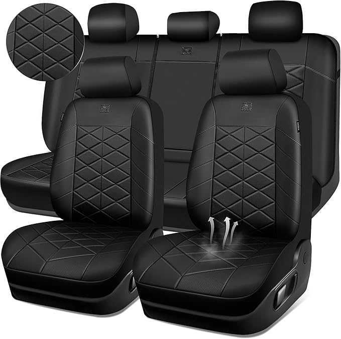 CAR PASS Nappa Leather Waterproof Car Seat Covers Full Set, 3D Foam 5 Seat Covers Full Set with Rhomb, Comfort Universal Fit for Most SUV Truck Sedan, Airbag Compatible, 5 Seats Leatherette All Black