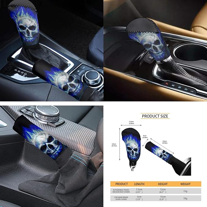 FKELYI Cool Skull Car Seat Covers Set Blue Fire Car Interior Seat Protector,Absorbent Cup Holder Pads,Steering Wheel Cover,Gear Shift Cover,Handbrake Cover,Headrest Covers