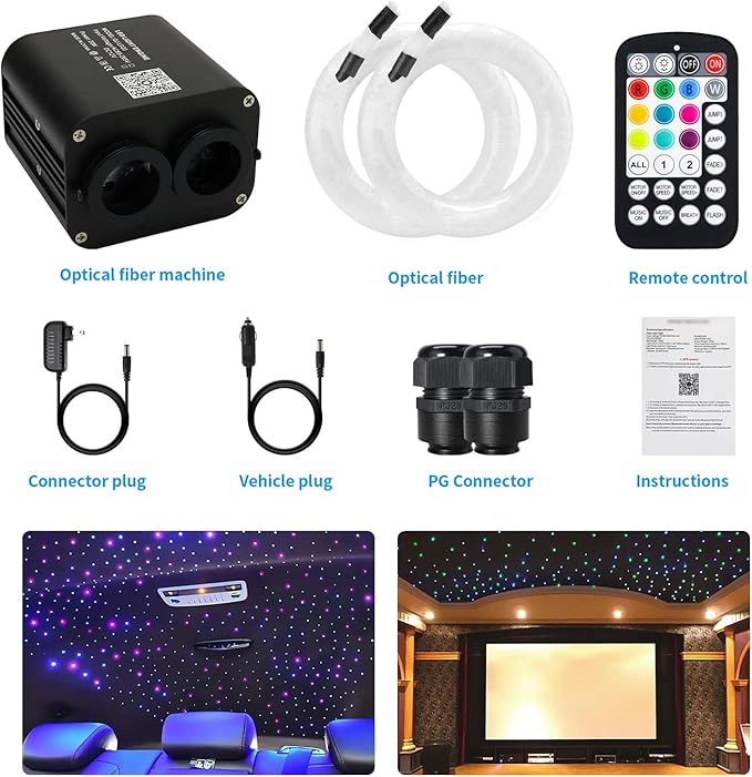 AMKI Dual Color 20W Twinkle Starlight Headliner Kit 1100pcs 0.03in 13.1ft Fiber Optic Star Ceiling Light Sound Activated Music Mode APP/Remote Control Dual Port Light Box for Car Home Roof Decor