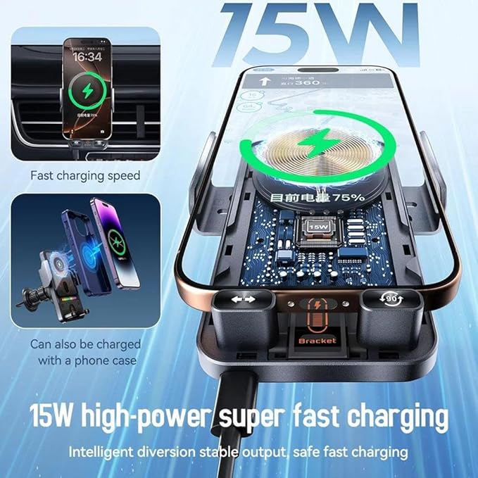 2026 New Cool Car Wireless Fast Charging Holder,15W Auto-Clamping Wireless Car Charger Mount with 90° Rotating, Universal Air Vent Phone Holder for All Smartphones