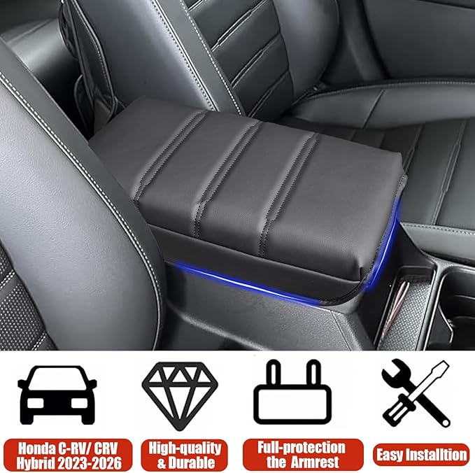 for CRV Center Console Cover 2026 2025 2024 2023 - [Upgraded] Thick & Soft Leather Middle Armrest Cushion Protector for Honda CRV 2023 2024 2025 2026 Interior Accessories - Black Stitch