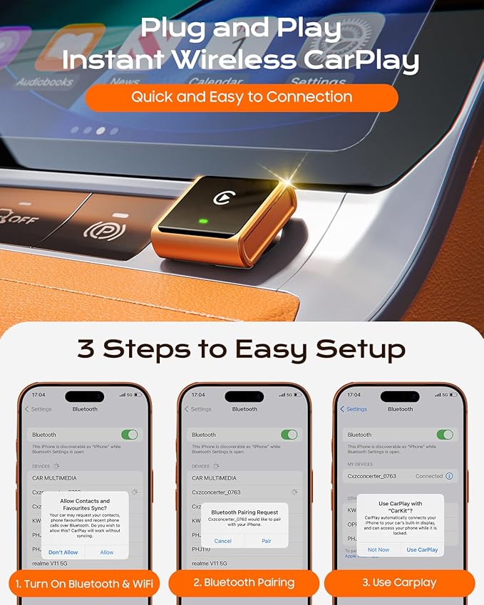 2026 Wireless CarPlay Adapter for Apple Only, Upgrade Mini Aluminium Car Play Adapter Converts Wired to Wireless CarPlay for iPhone, Plug & Play, Auto Connect Fast and Stable, with USB-C, CosmicOrange