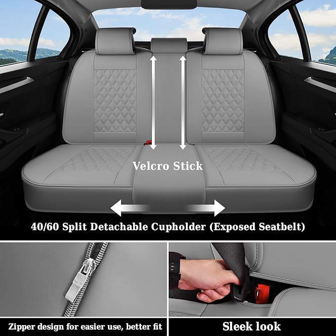 Coverado Full Set Car Seat Covers, Luxury Faux Leather Waterproof Seat Covers, Gray Car Seat Protectors, Universal Fit, Leather Seat Cushions for Cars-Gray