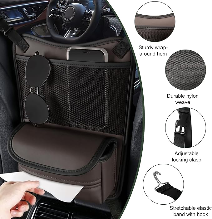 Car Organizer Storage Between Seats, Nappa Leather Auto Handbag Holder for Document Phone Storage, Large Capacity Automotive Console Pocket Purse, Car Accessories (Brown)