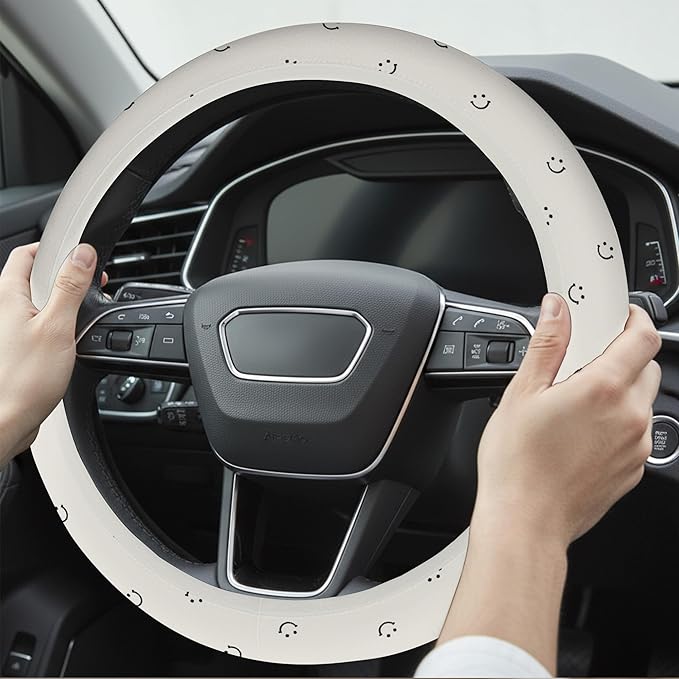 Cute White Steering Wheel Cover Soft Cloth Fabric Car Wheel Covers 14.5 15 Inch Universal Fit Breathable Washable Car Accessory Cool in Summer