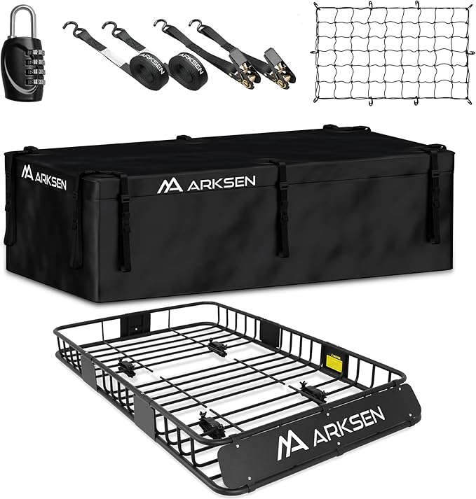 ARKSEN 64" x 39" x 6" Roof Rack Cargo Basket with Extension, Waterproof Bag, Net & Ratchet Straps, 150 lb Heavy-Duty Steel Rooftop Carrier, Fits Crossbars up to 1.38" Thick, for SUV & Pickup Truck