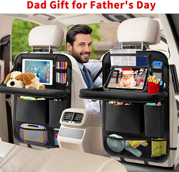 Car Backseat Organizer with Tablet Holder, 6 Storage Pockets Foldable Table Tray Seat Back Protectors Kick Mats Travel Accessories, 2 Pack Black