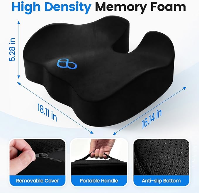 Seat Cushion with Carry Handle, Memory Foam for Tailbone/Sciatica Easing, Chair Cushions for Cars, Desks, Office Chair Cushion with Non-Slip Design, Ideal for Post-Surgery Recovery (Black)