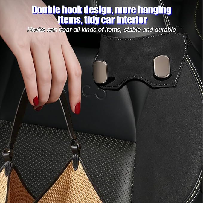 Car Headrest Hook, 2PCS Suede Vehicle Back Seat Storage Hanger with Double Metal Hook, Automotive Seatback Organizer for Purse Handbag Coat, Compatible with Most Sport Seat (Black)