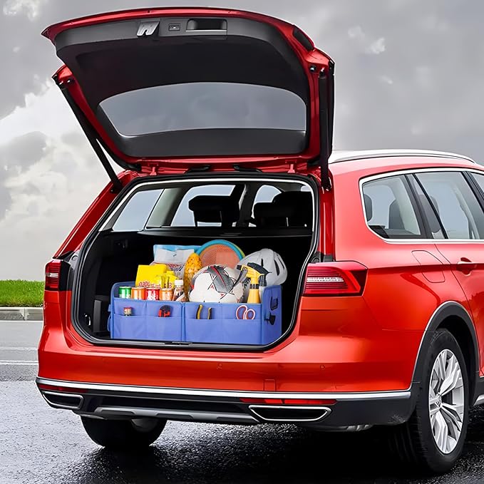 titiyiof Trunk Organizer For Suv & Sedan,Car Organizers and Storage, Waterproof Collapsible & Adjustable Straps,75L Sturdy Car Organization for Car Accessories, Tools,Sundries,2-3 Compartment（Blue）