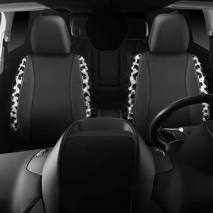 CAR PASS Cow Diamond Leather Bling Car Seat Covers Universal, Faux Shining Rhinestones Two Front only, Fit 95% Automotive Glitter Crystal Sparkle Strips for Cute Women Girl, 2PCS Cow Silver Diamond