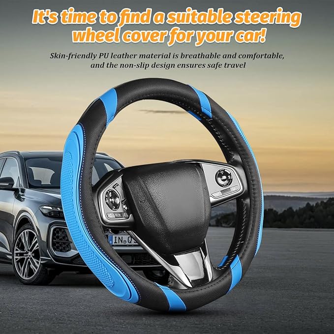 Car Steering Wheel Cover, Breathable Soft Leather Vehicle Wheel Cover Protector for Men Women, Non-Slip Automotive Interior Protection Accessories, Universal for Most Vehicles (Black/Blue)