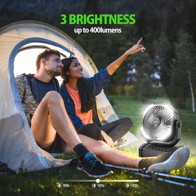 AddAcc 20000mAh Rechargeable Camping Fan - Battery Operated Fan with Light & Remote, Auto Oscillating, 4 Timer, 60 Hrs Work Cordless Tent Fan for Travel Outdoor RV Garage Power Outage Emergency