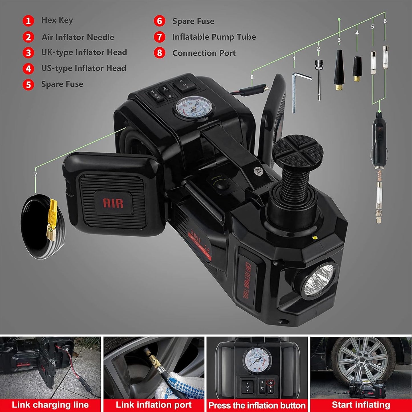 E-HEELP Electric Car Jack 5Ton 12V Kit Hydraulic (Lifting Range: 6.1~17.7 inch) with Inflator Electric Jack for Car SUV Sedan MPV Change Tires Garage Repair Emergency Kit