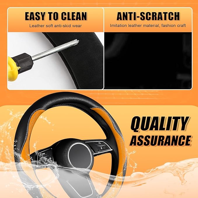 SuperKaKa Car Steering Wheel Cover 2025, Universal Auto PU Cute Breathable Slip-Proof Comfort Imitation Leather Protector Cars Interior Accessories for Women Men Fit Most Vehicle (Orange)