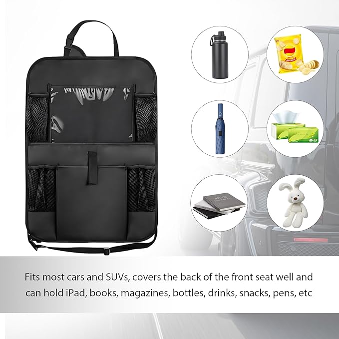 2PCS Car Backseat Organizer, Multi-Pocket Back Seat Protector with 10.2" Tablet Holder, Waterproof Oxford Fabric Storage Bag Auto Kick Mat for Kids Toddlers (B with Zipper)