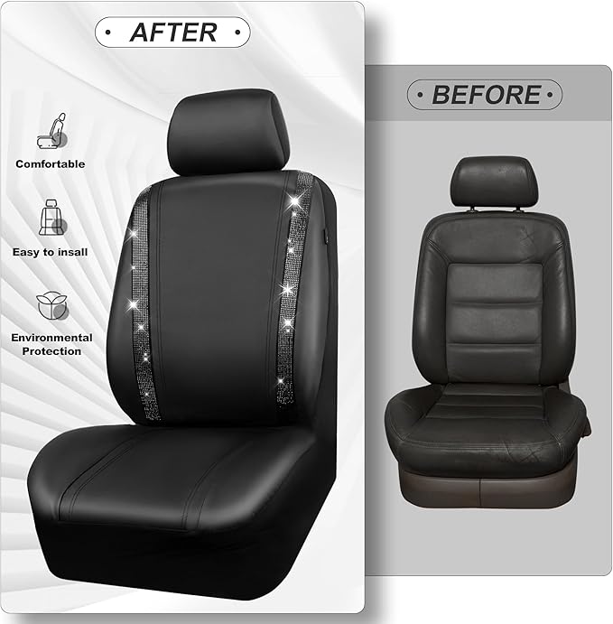 CAR PASS Leather Bling Diamond Car Seat Covers 2 Front Interior Sets, Waterproof Universal Shining Glitter Crystal Sparkle Fit for 95% Automotive Truck SUV Cute Women Girl, Black Rhinestone