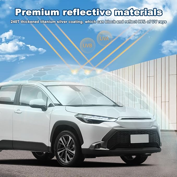 Kairiyard Car Windshield Sun Shade, 240T Thickened Block Heat and Sun Keep Cars Interior, Foldable Automotive Sunshade for Car SUV Truck Front Windshield (57.09x 31.5 inch)