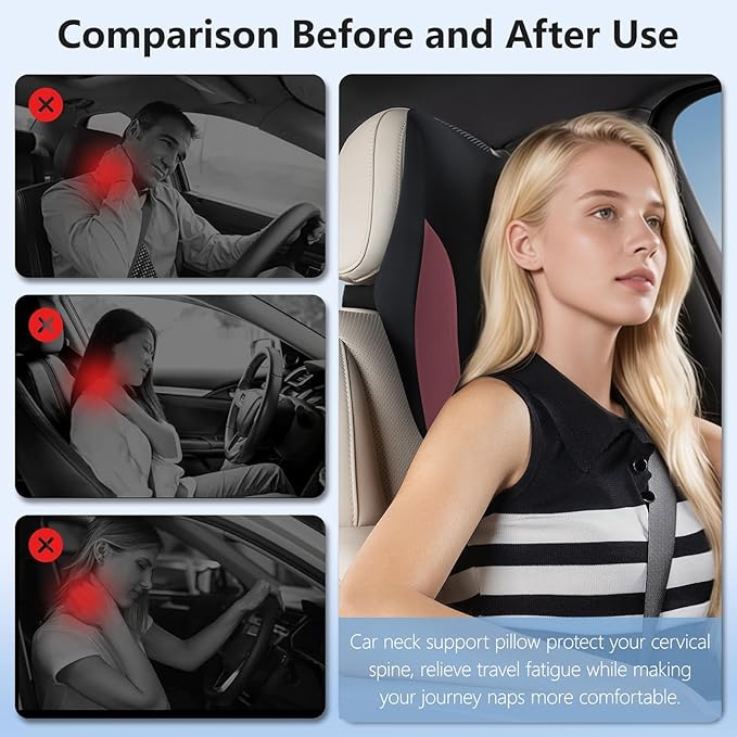 BEBAS Car Headrest Pillow, Ergonomic Neck Pillow with Memory Foam, Enlarged Surface for Head Neck Shoulder Support, Breathable Removeable Car Seat Pillow for Pain Relief (Black Red)