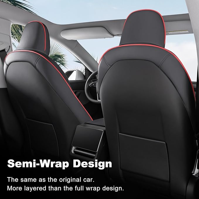 Nappa Leather Car Seat Covers Compatible with 2025–2026 Tesla Model Y Juniper, Bright Red & Black Two-Tone Design, Custom Fit Full Set, Airbag Compatible Car Interior Cushion Covers