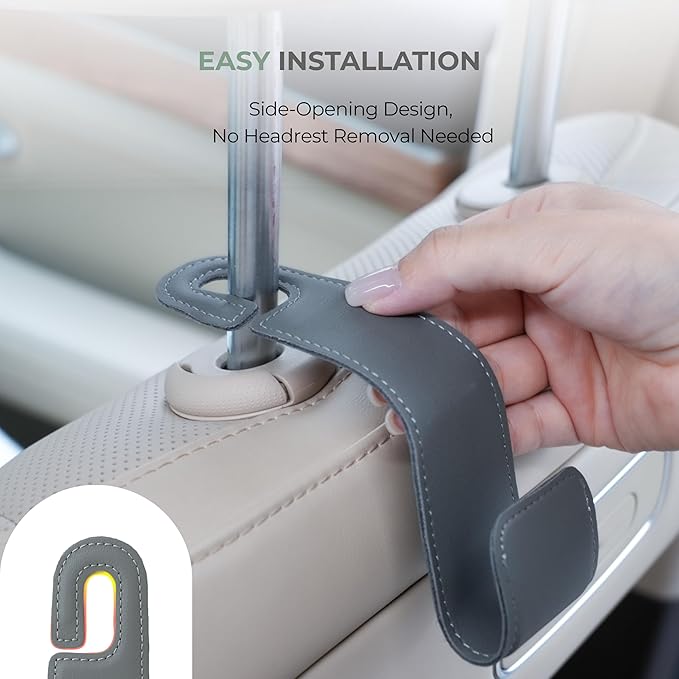 Purse Holder for Car, 2 Pack Upgraded Car Seat Hooks for Hanging Purse and Bag, Leather Headrest Hooks for Car Back Seat, Car Organization Accessories (Beige)