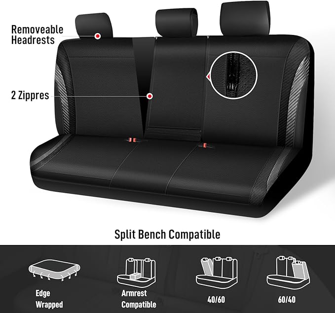 CAR PASS Carbon Fiber Leather Rear Seat Covers,Black Waterproof Back Bench Seat Cover Universal Fit for Cars Sedans SUVs Vans 95% Automotive Interior Backseat Car Covers (Rear,Black)