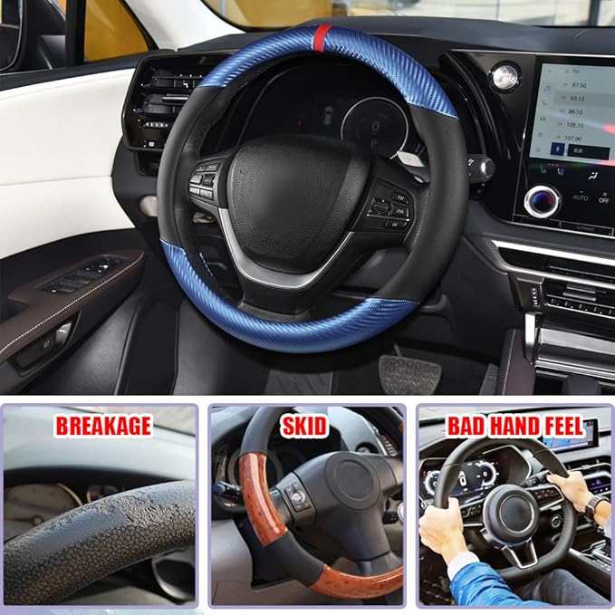 Carbon Fiber Car Steering Wheel Cover, Universal 15 inch Breathable Anti Slip Steering Wheel Covers, Car Interior Accessories Steering Wheel Protector for Men and Women, Fit for Most Cars (Blue/Black)