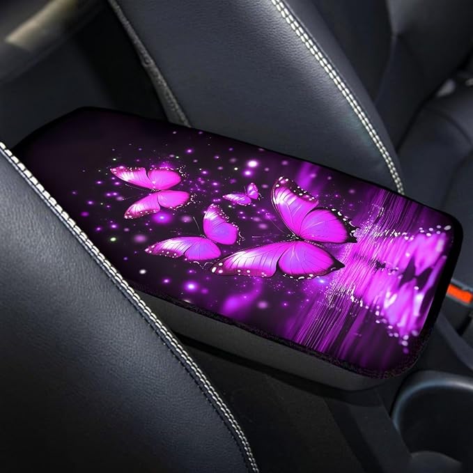 Purple Butterfly Universal Center Console Armrest Soft Pad Protector Cover Armrest Box Protector Non Slip for Pet Dogs Car Interior Decor