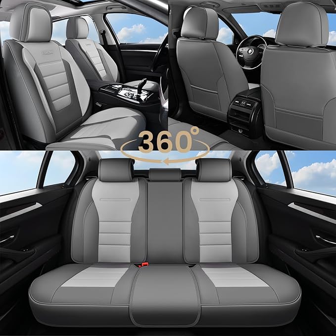 Coverado Car Seat Covers Full Set, Nappa Leather Seat Covers for Cars, Car Seat Protector Car Seat Cushion, Front and Back Seat Protectors Cushions Universal Fit for Most Cars (Gray&Light Gray)