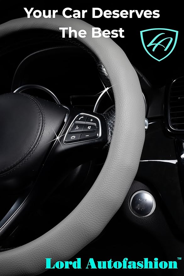 Lord Autofashion Steering Wheel Cover – PU Leather, Non-Slip Rubber Inner, All-Season Comfort – 14.5–15 Inch (Grey 8399)