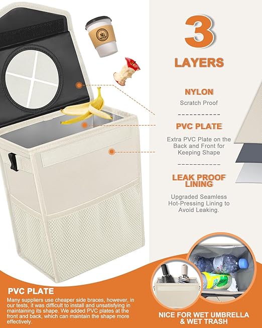 Pritent Car Trash Can with Lid, Cute Leakproof Car Trash Garbage Bag Hanging Vehicle Trash Bin Small Portable Automotive Garbage Cans Organizer for Back/Front Seat(Trapezoid,Ivory