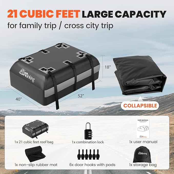 Asinking Car Rooftop Cargo Carrier Bag - 100% Waterproof Heavy Duty Car Roof Luggage Carrier 21 Cubic Feet, Fits All Vehicles with/Without Roof Rack - Easy Install & Triply Reinforced for Secure Use