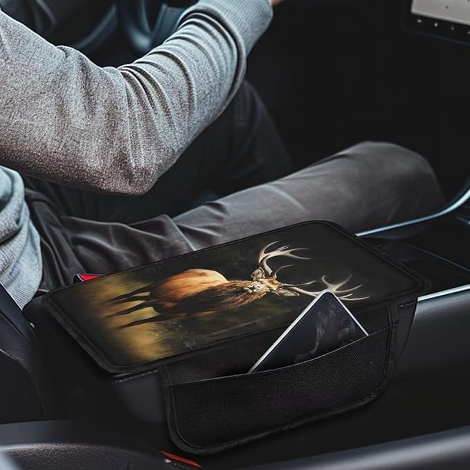 Wild Elk Print Car Center Console Cover Waterproof Vehicle Armrest Cover Pad Elastic Armrest Seat Box Cover Protector Car Armrest Cover Cushion with 2 Storage Bags